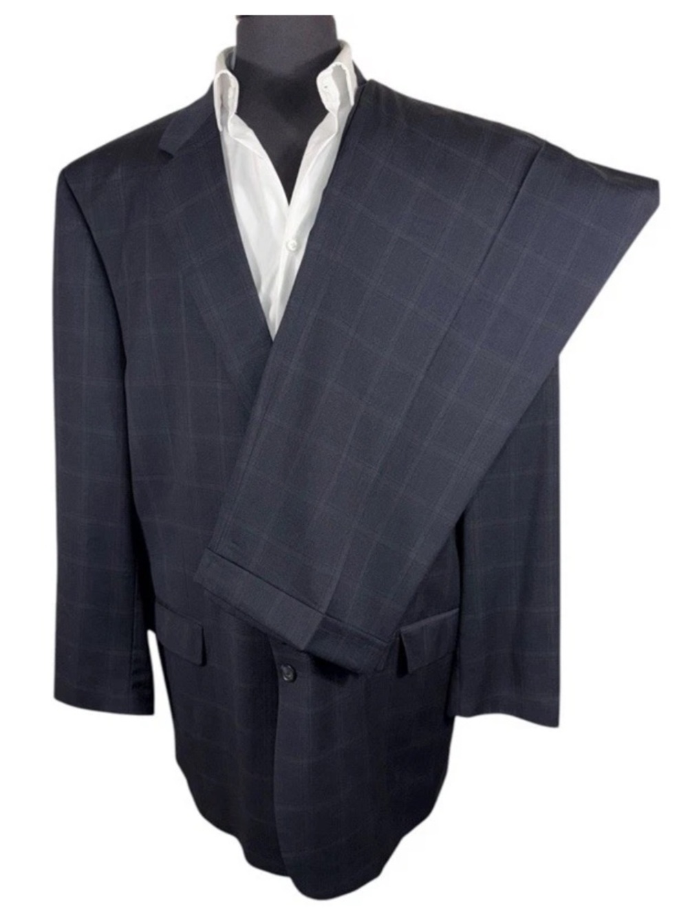 BIG & TALL JOS A BANK BLUE WINDOWPANE SUIT SZ 50L 42X31